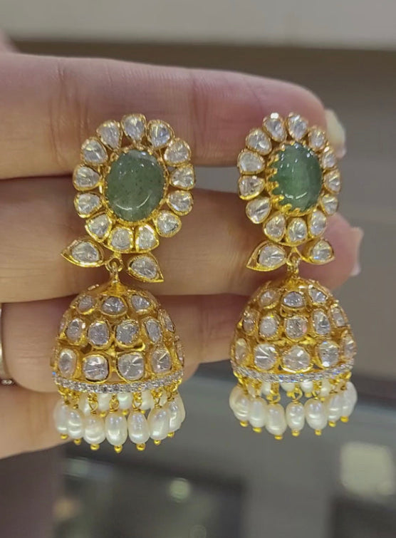 Kashmiri jhumka earrings 2025 with emeralds & polki