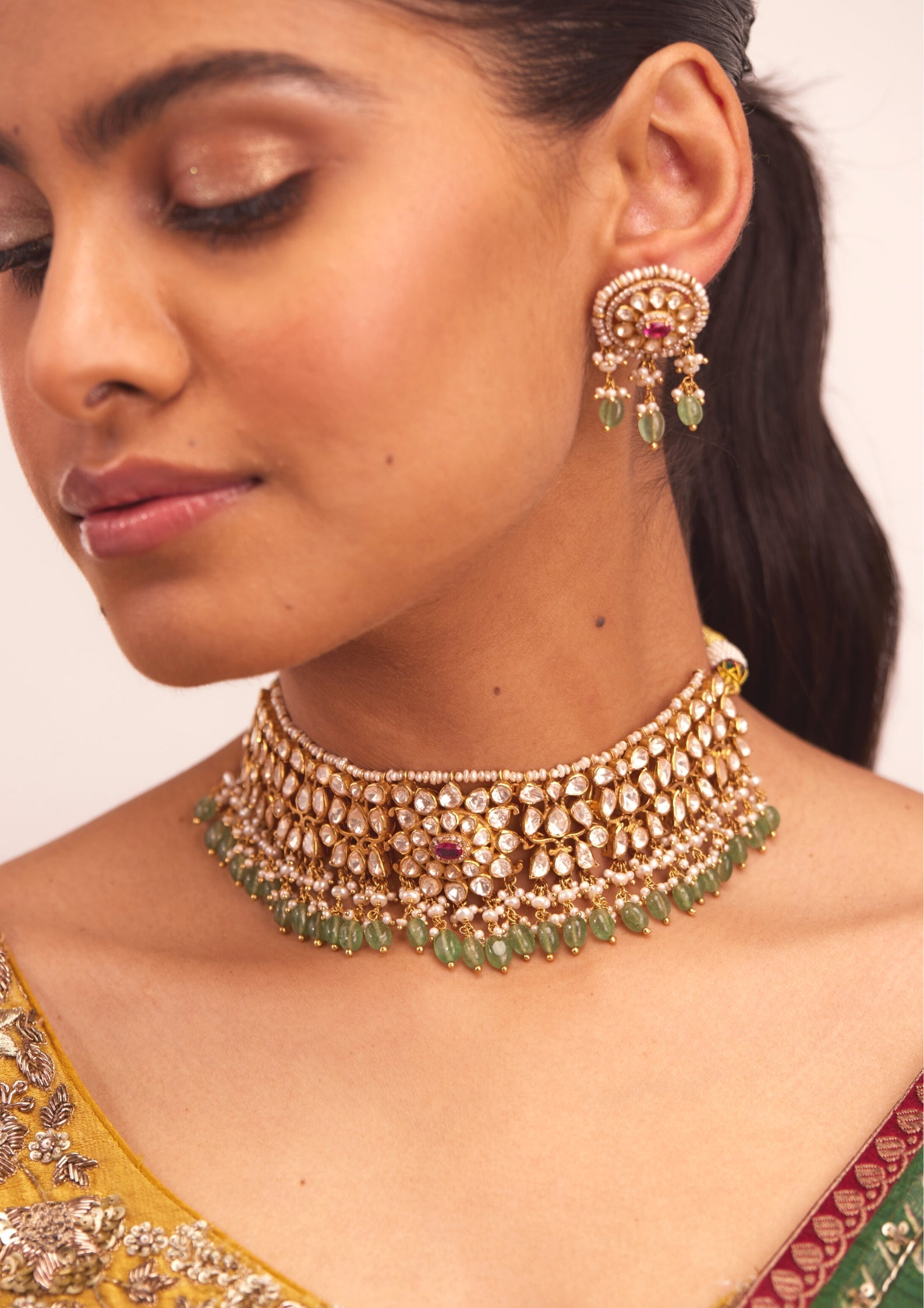 925 Silver Amasvaya Polki Choker Necklace Set - Amrrutam