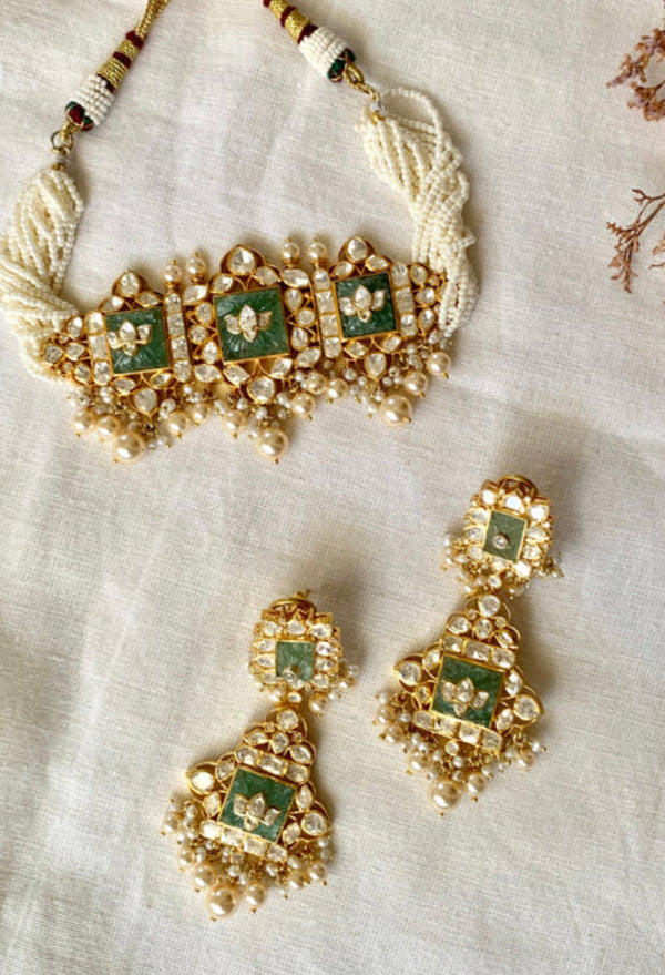 925 Silver Bhadrilal Polki Choker Set With Pearls - Amrrutam 