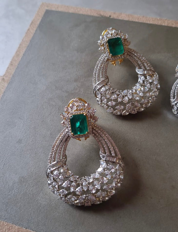 925 Silver Kamiya Emerald CZ  Long Earring - Amrrutam 