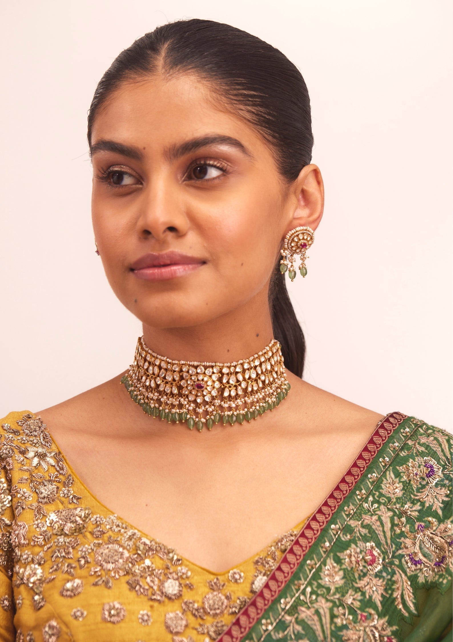 925 Silver Amasvaya Polki Choker Necklace Set - Amrrutam