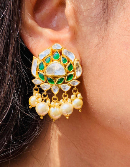 925 Silver Jaishri Green Polki Drop Earrings - Amrrutam 