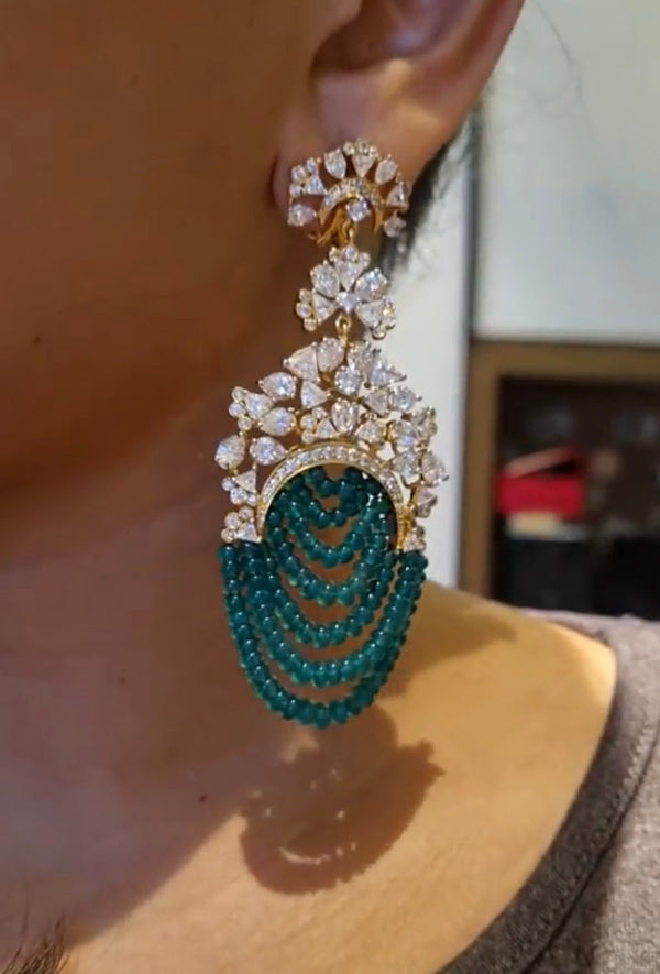 925 Silver Rosecut Emerald Beads Chandbali Earring - Amrrutam 