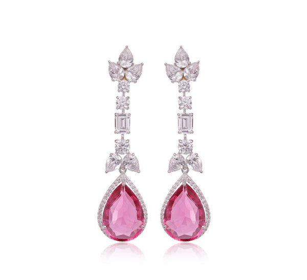925 Silver Barbie Pink CZ Drop Earrings