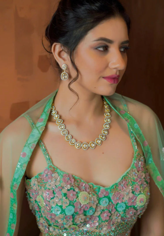 925 Moissanite Polki Single Line Necklace Set - Amrrutam 
