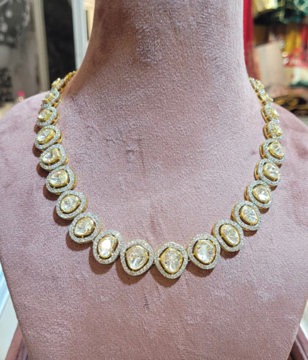 925 Moissanite Polki Single Line Necklace Set - Amrrutam 