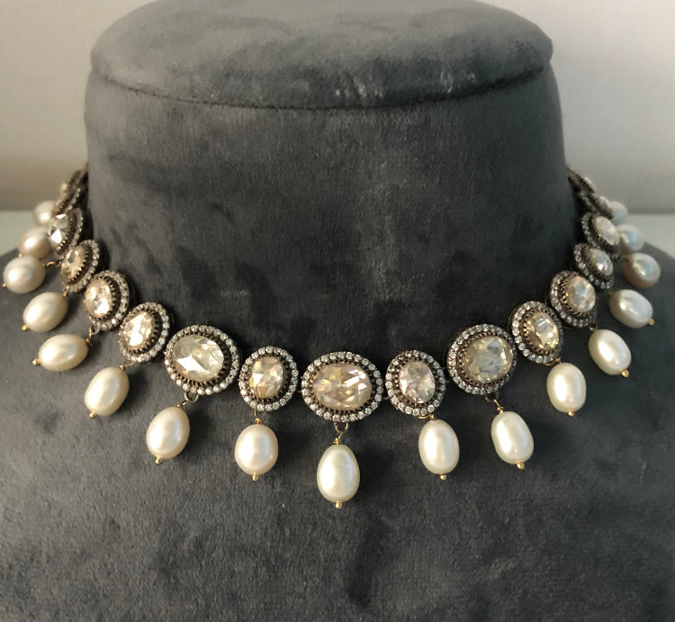 925 Silver Adaya Polki Pearl Choker Necklace