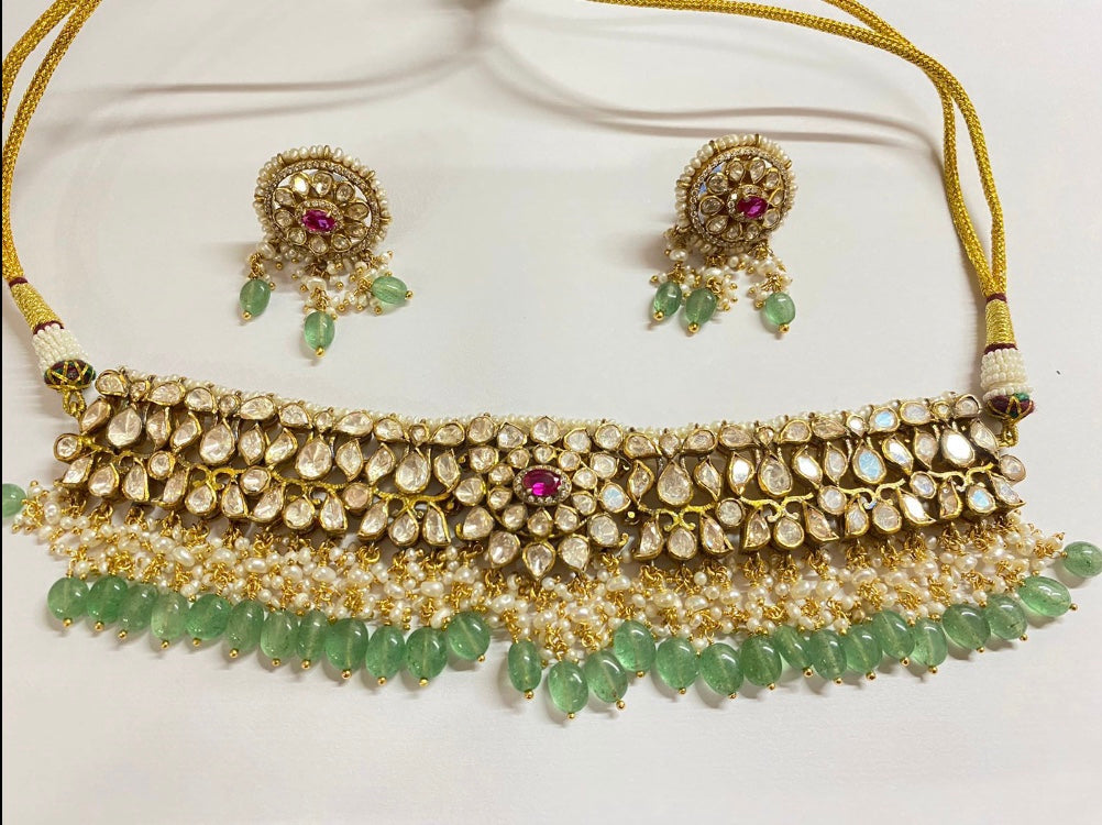 925 Silver Amasvaya Polki Choker Necklace Set - Amrrutam 