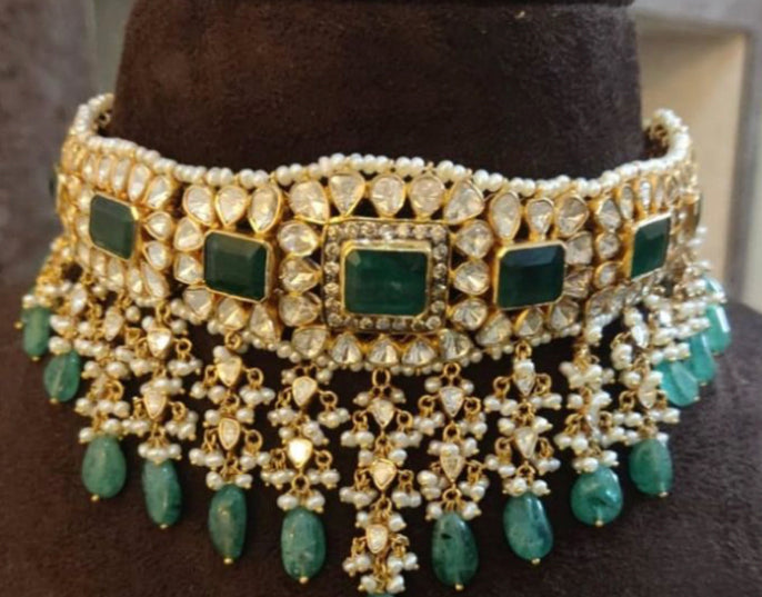 925 Silver Shlokha Emerald Polki Choker Necklace