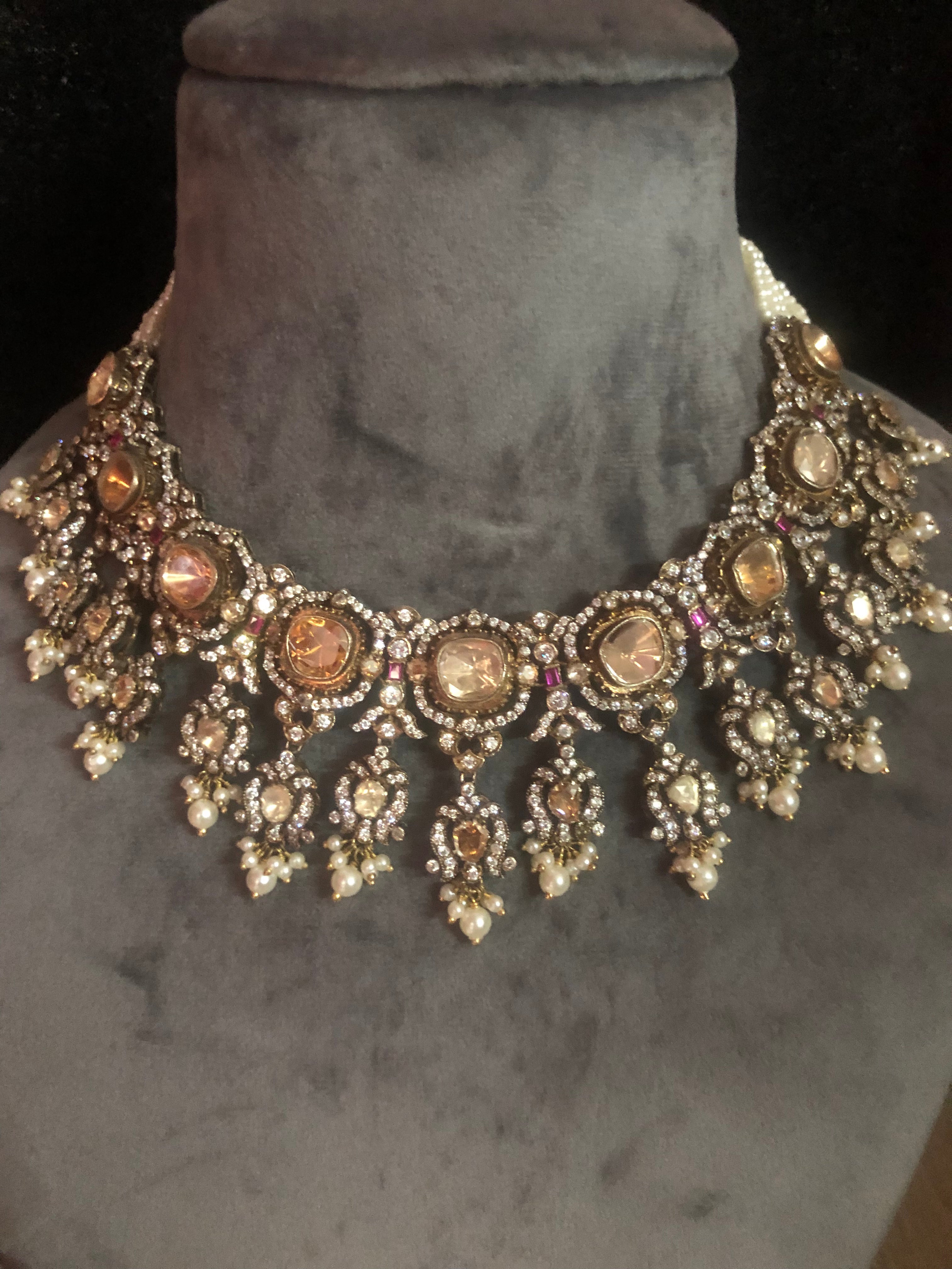 925 Silver Pukhraj Rani Polki Necklace Set