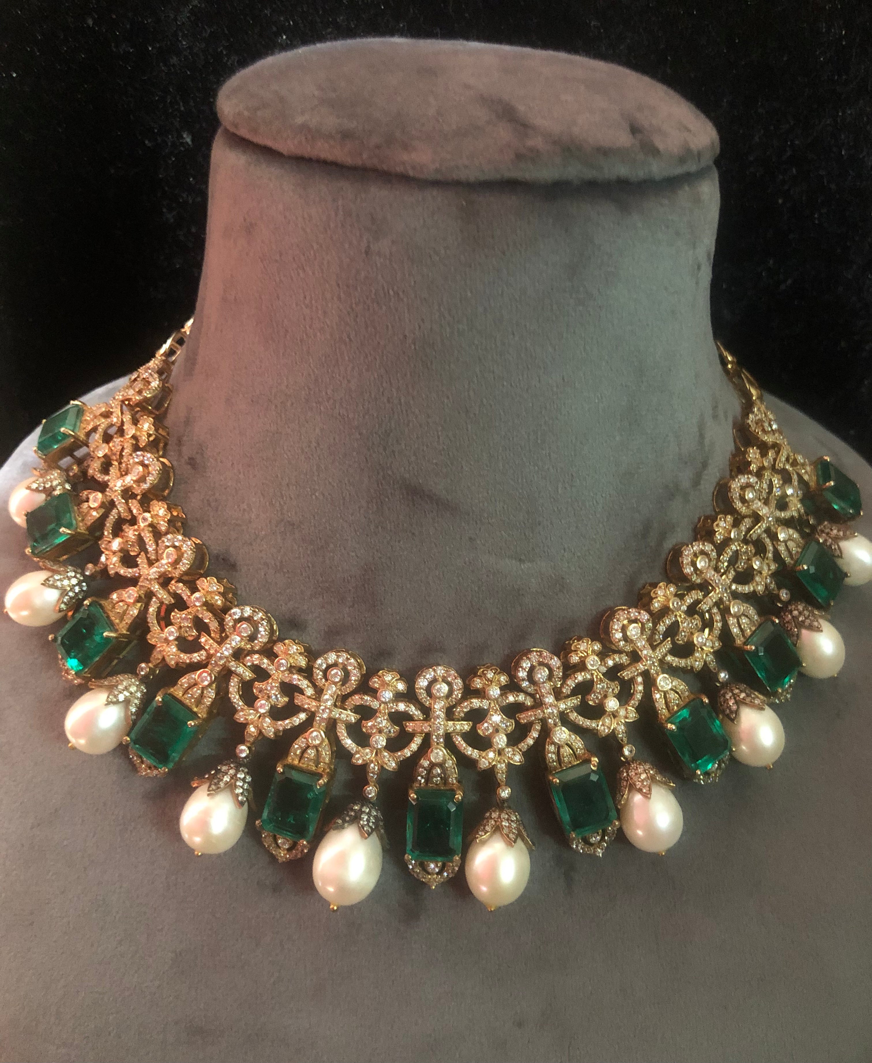 925 Silver Tamannah Modern Polki Emerald Necklace