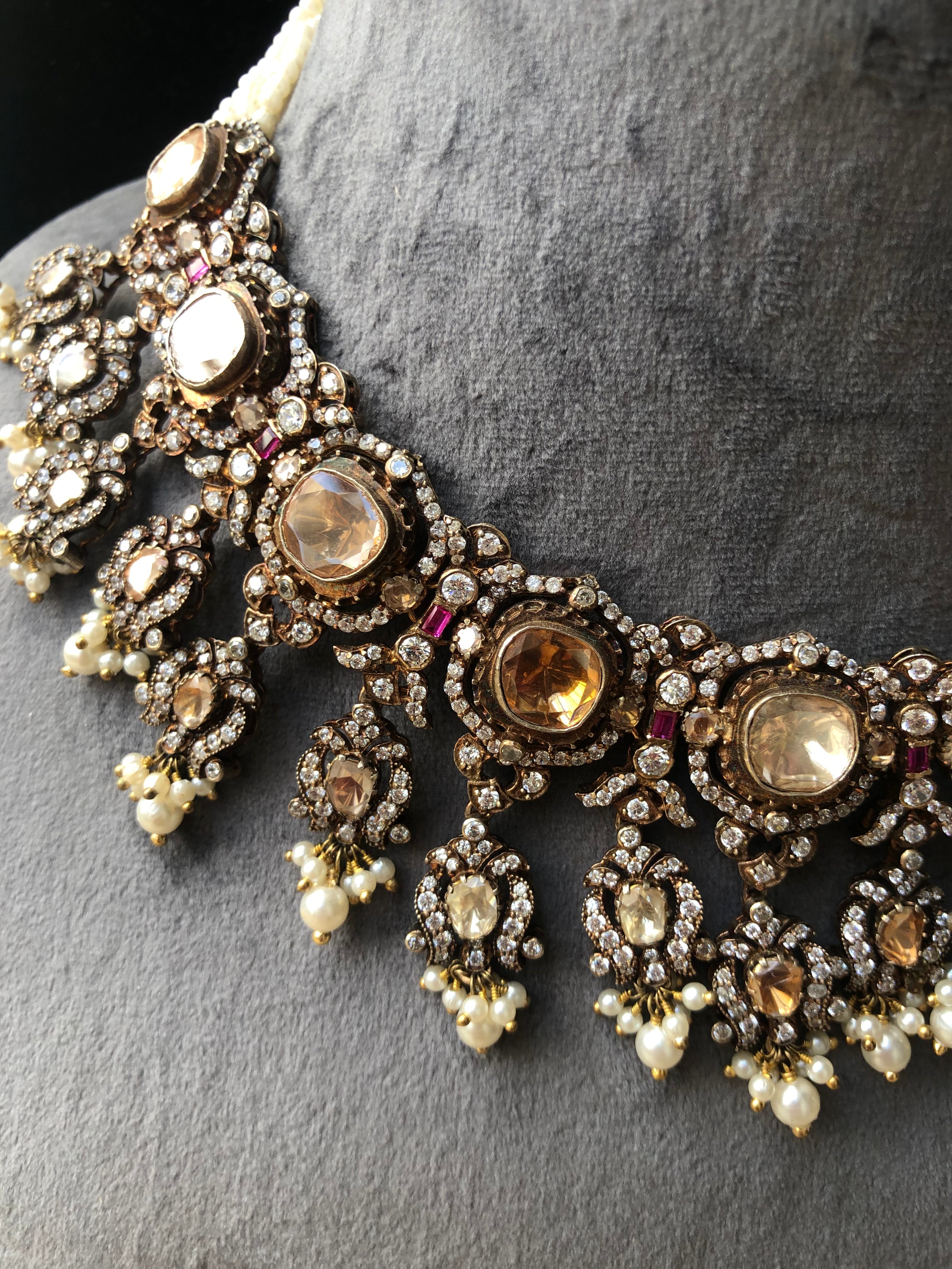 925 Silver Pukhraj Rani Polki Necklace Set