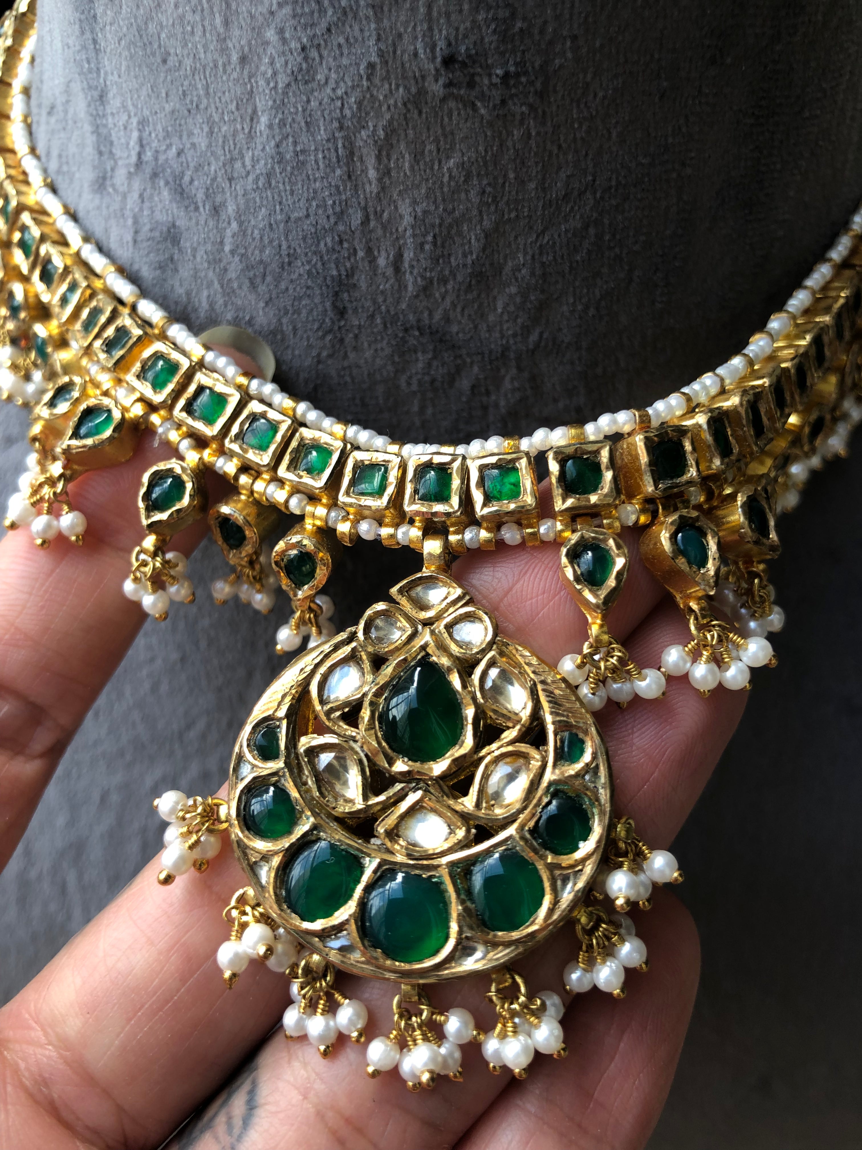 925 Silver Kavyani Polki Emerald Choker Necklace