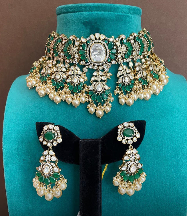 925 Silver Kadambini Victorian Emerald Necklace Set