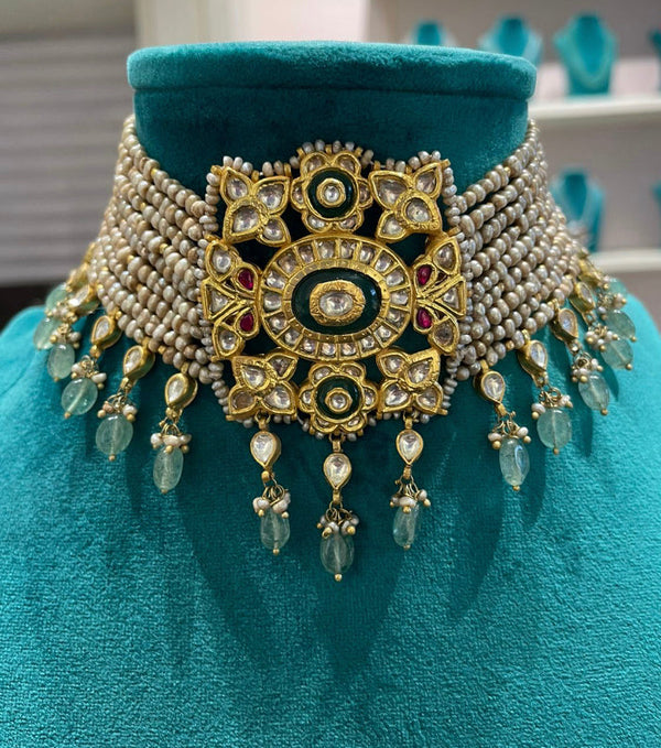 925 Silver Naveli Polki Choker Necklace - Amrrutam Jewellery