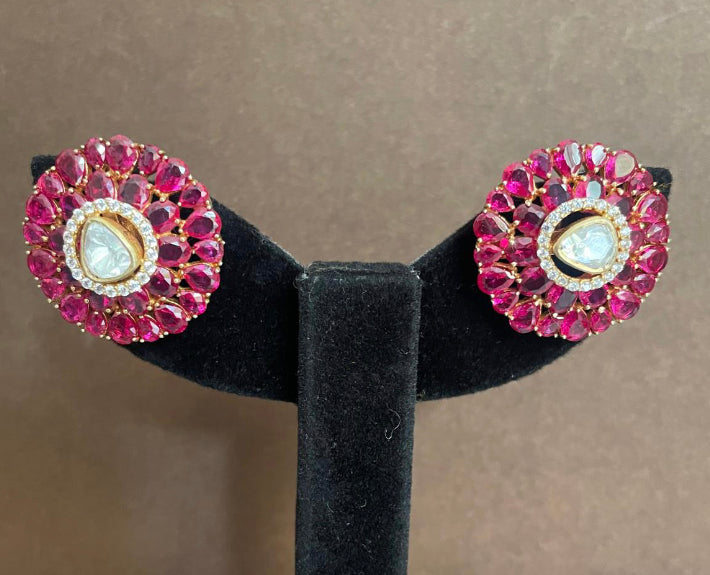 925 Silver Zambia Ruby Polki Stud Earring