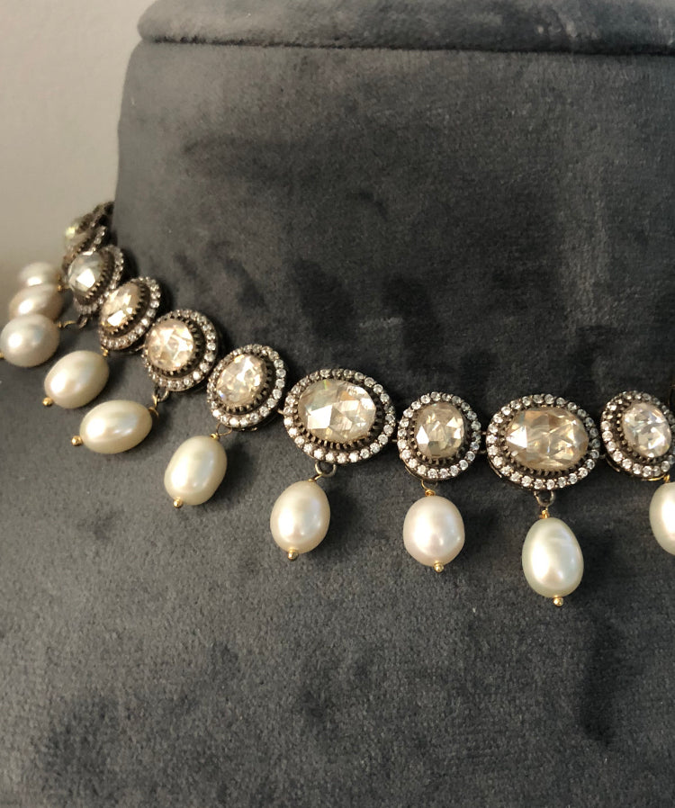 925 Silver Adaya Polki Pearl Choker Necklace