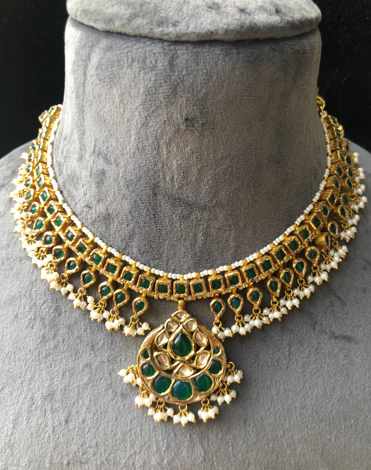 925 Silver Kavyani Polki Emerald Choker Necklace