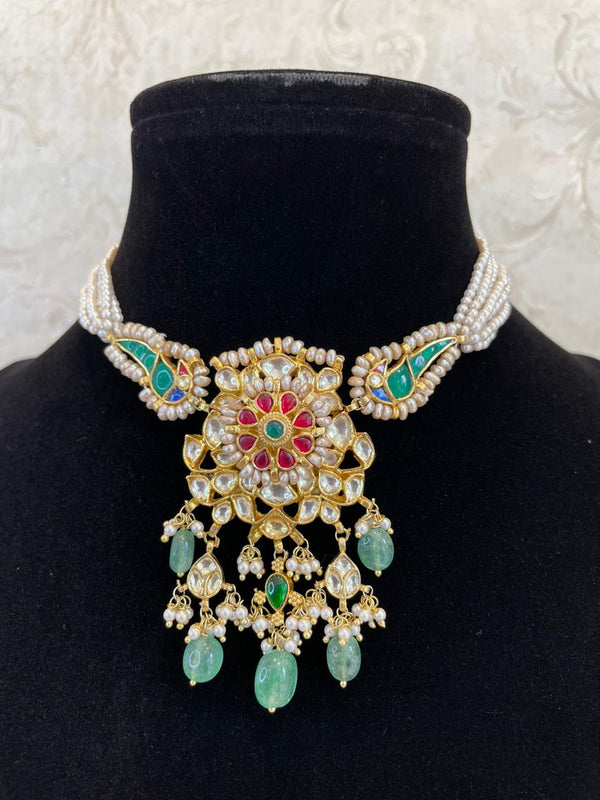 925 Silver Niyomah Kundan Choker Necklace Set - Amrrutam Jewellery