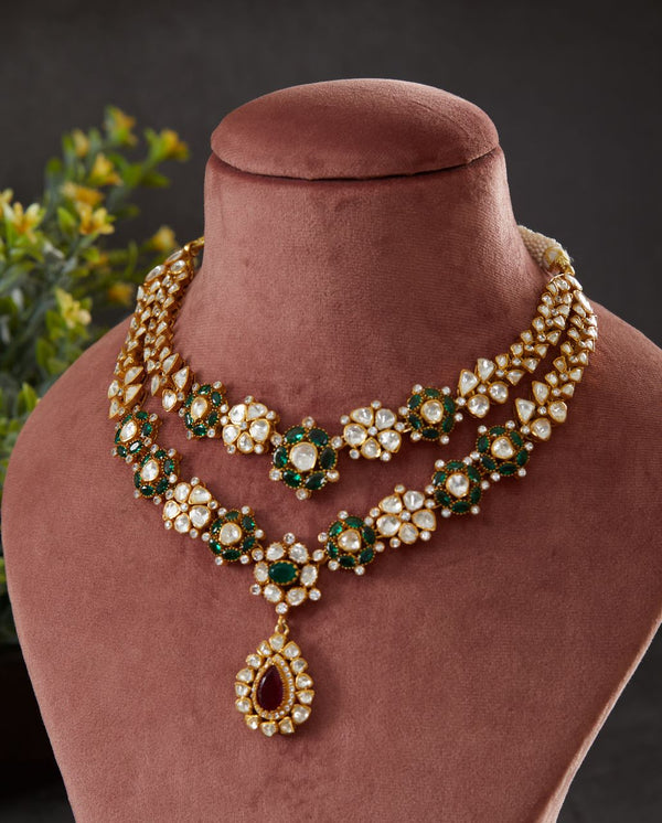 925 Silver Sanganer Double Line Polki Necklace - Amrrutam Jewellery