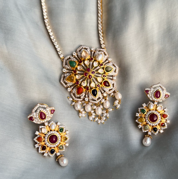 925 Silver Nellora Navratan Pendant Necklace - Amrrutam Jewellery
