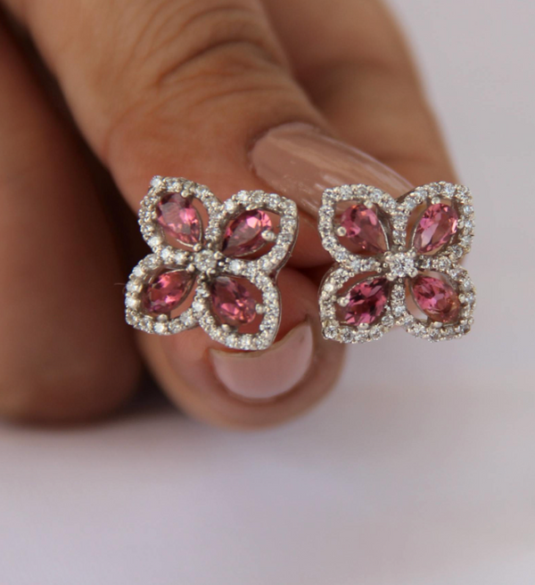 925 Silver Natural Pink Tourmaline Stud Earrings - Amrrutam Jewellery
