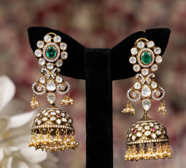 925 Silver Saraswati Polki Jhumka Earring - Amrrutam Jewellery