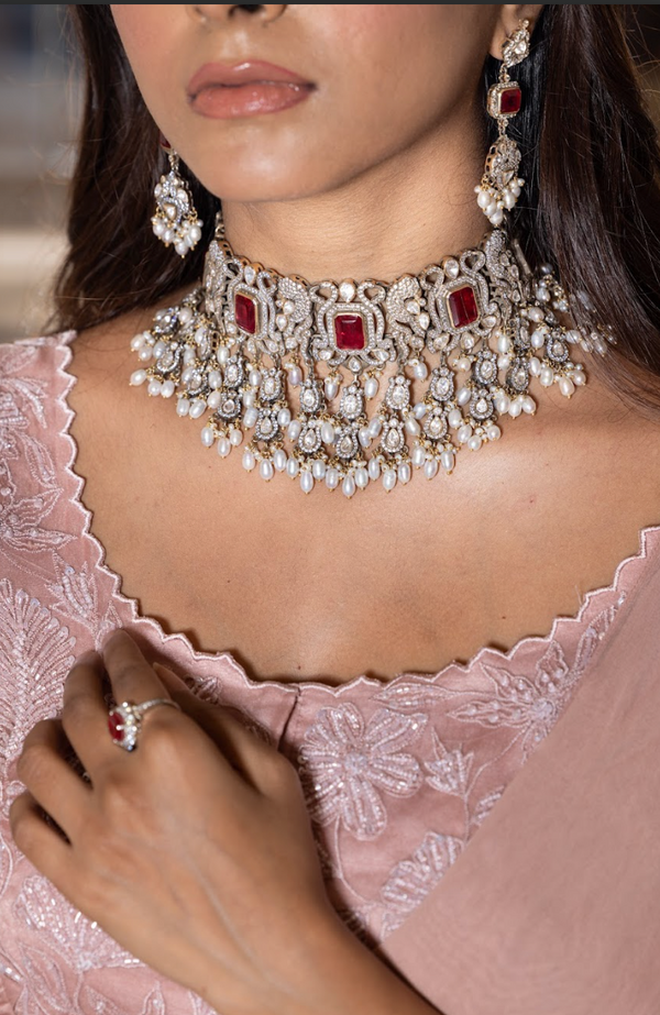 925 Silver Jahanvi Victorian Ruby Choker Necklace Set - Amrrutam Jewellery