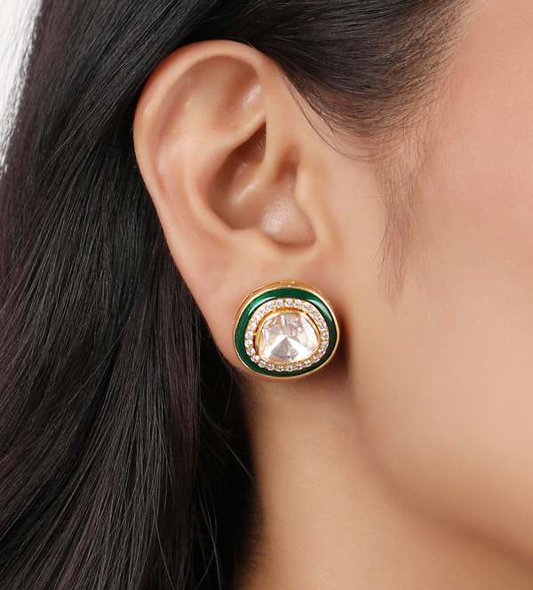 925 Silver Panchi Enamel Polki Stud Earrings - Amrrutam Jewellery