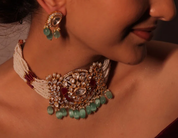 925 Silver Nakshya Polki Choker Necklace - Amrrutam Jewellery