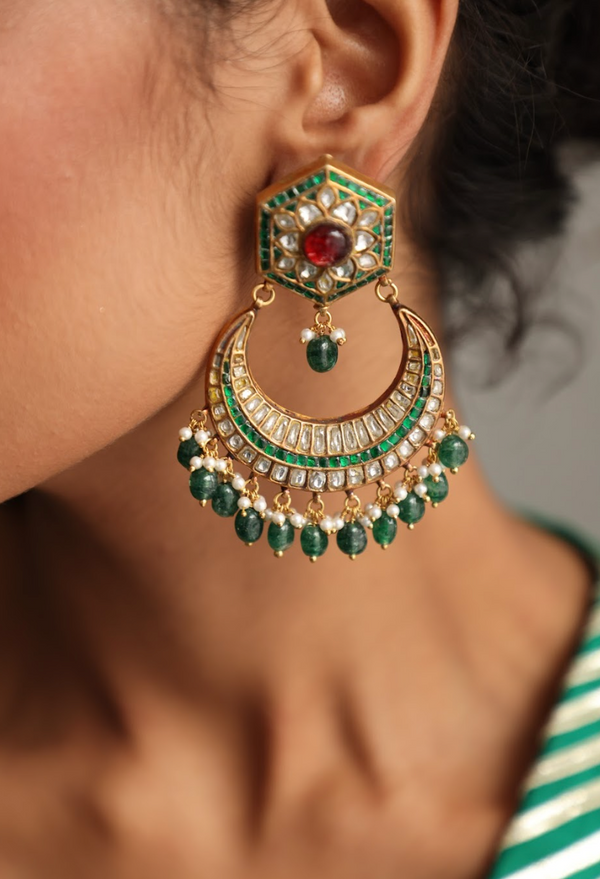 925 Silver Bavara Hecta Emerald Chandbali Earring - Amrrutam 