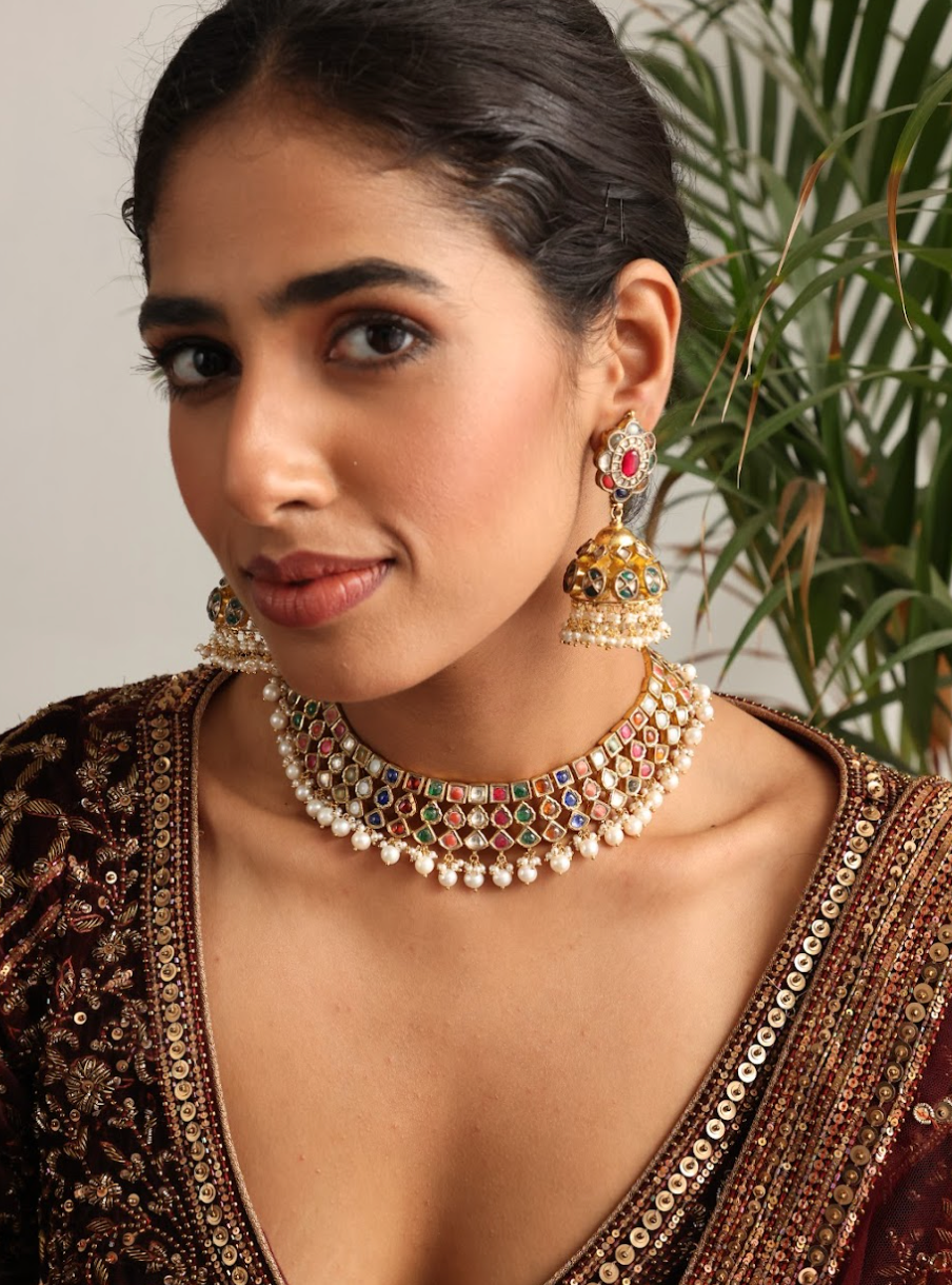 925 Silver Bavara Ziya Navratan Necklace Set Amrrutam