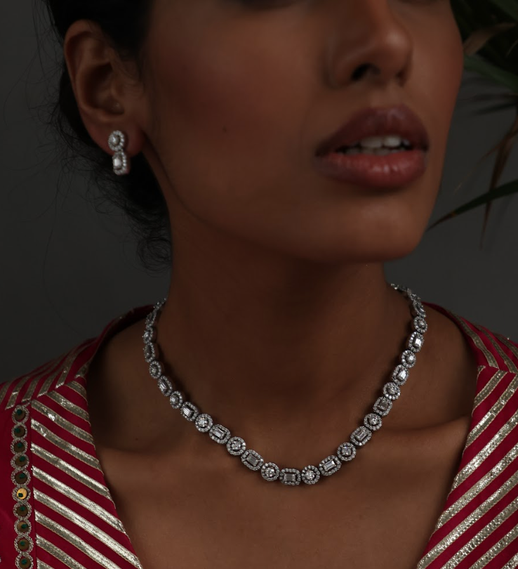 925 Silver Bavara Delicate Swarovski Necklace Set Amrrutam