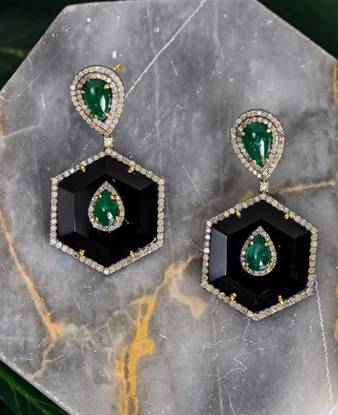 925 Silver Averie  Black Onyx and Emerald Earring - Amrrutam 