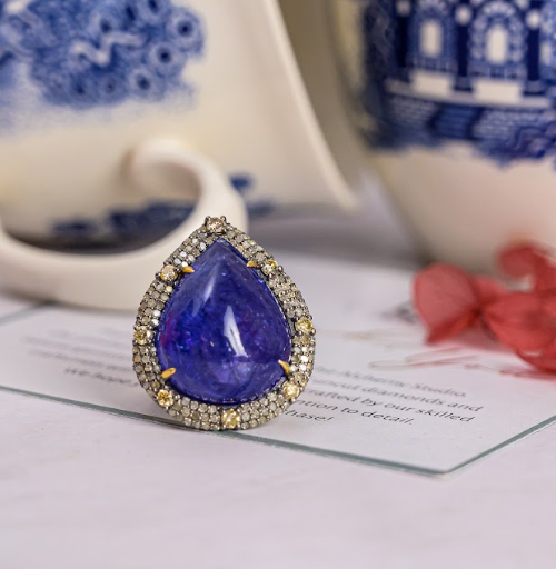 925 Silver Gaza Tanzanite and Diamond Cocktail Ring - Amrrutam 
