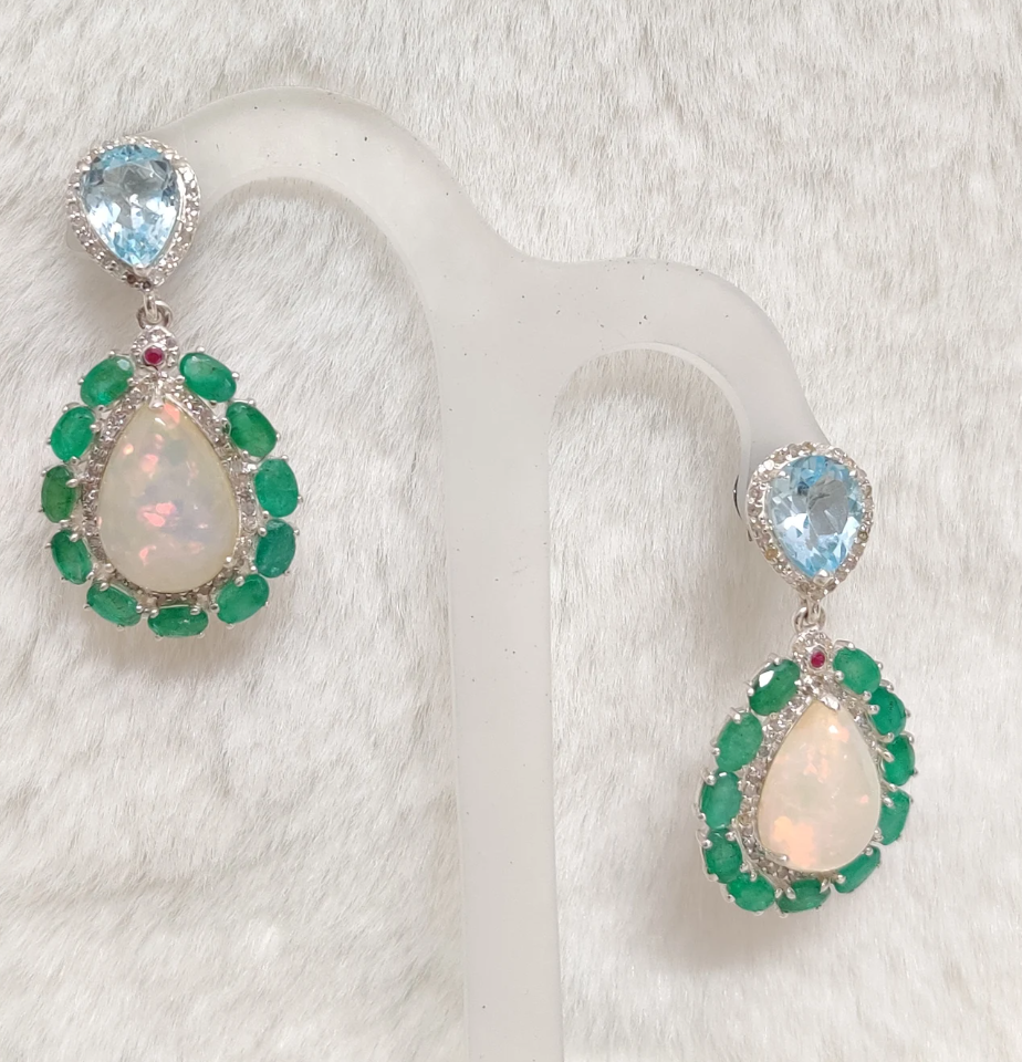 925 Silver Ethiopia Opal Emerald Earrings