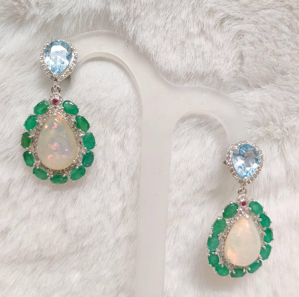 925 Silver Ethiopia Opal Emerald Earrings