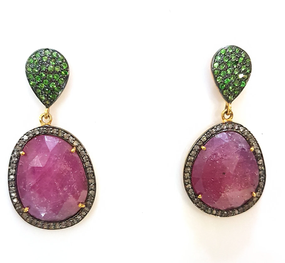 925 Silver Tsavorite & Ruby Vintage Earring