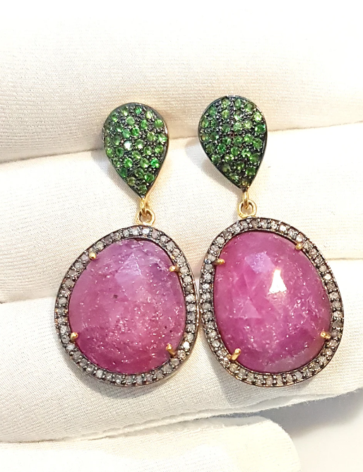 925 Silver Tsavorite & Ruby Vintage Earring