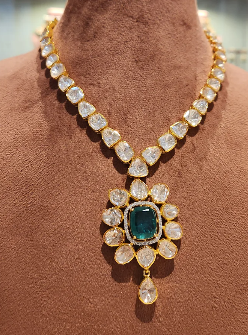 925 Silver Mogra Emerald Polki Necklace