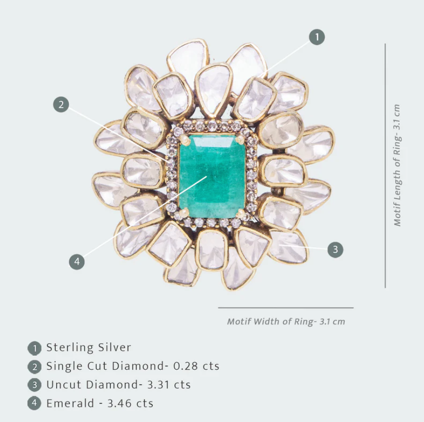 925 Silver Ziya Emerald Uncut Diamond Ring