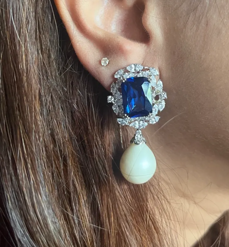 925 Silver Sapphire Pearl Drop Earring