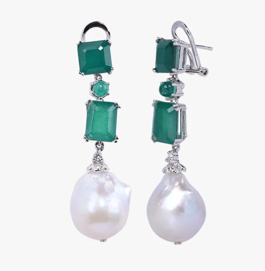 925 Silver Emerald And Baroque Pearl Drop Earring