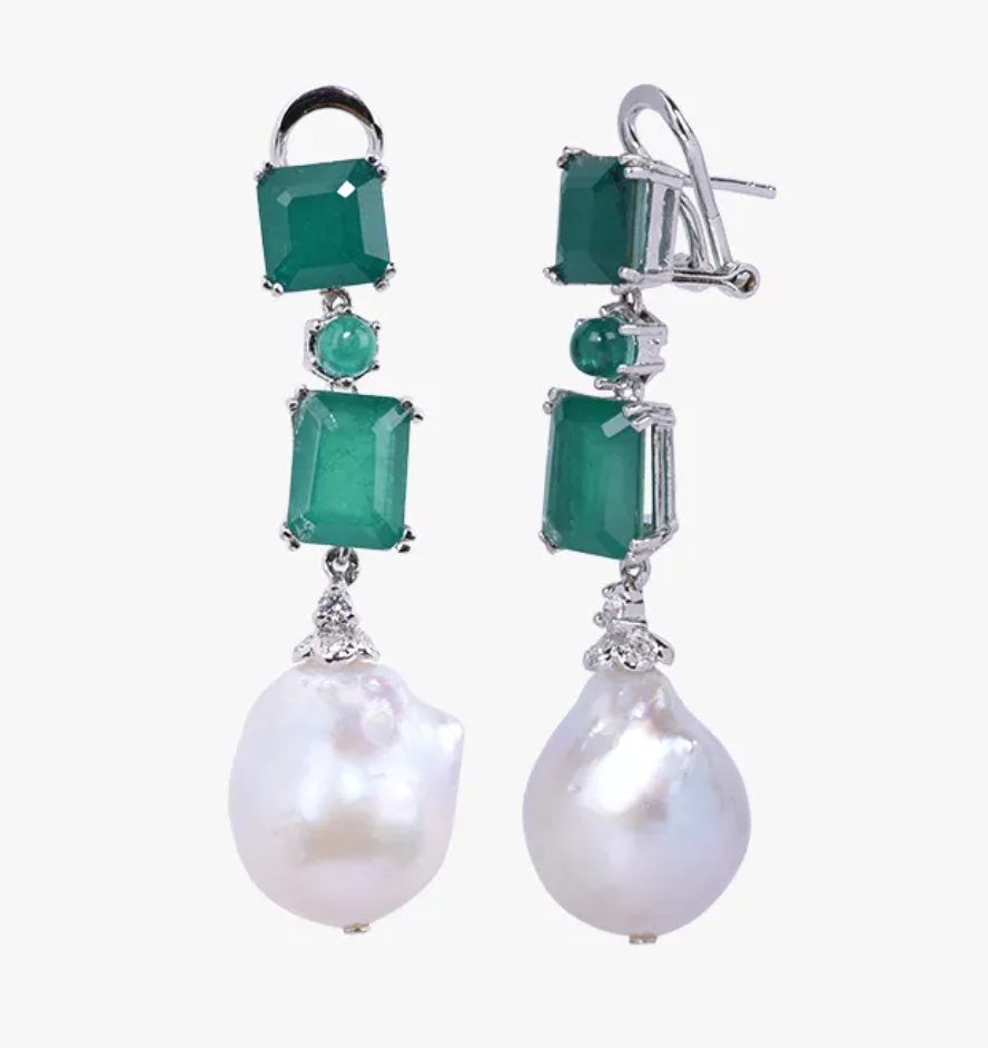 925 Silver Emerald And Baroque Pearl Drop Earring