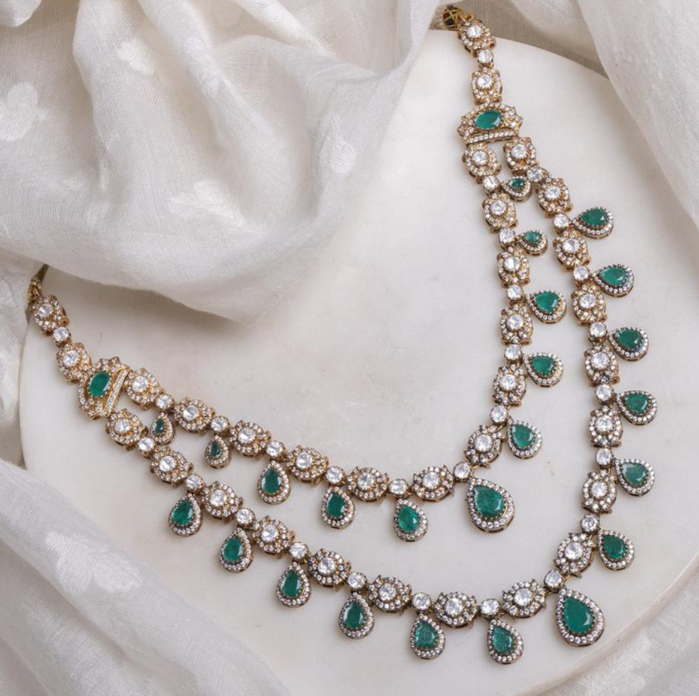 925 Silver Pavni Emerald Polki Choker Necklace Set