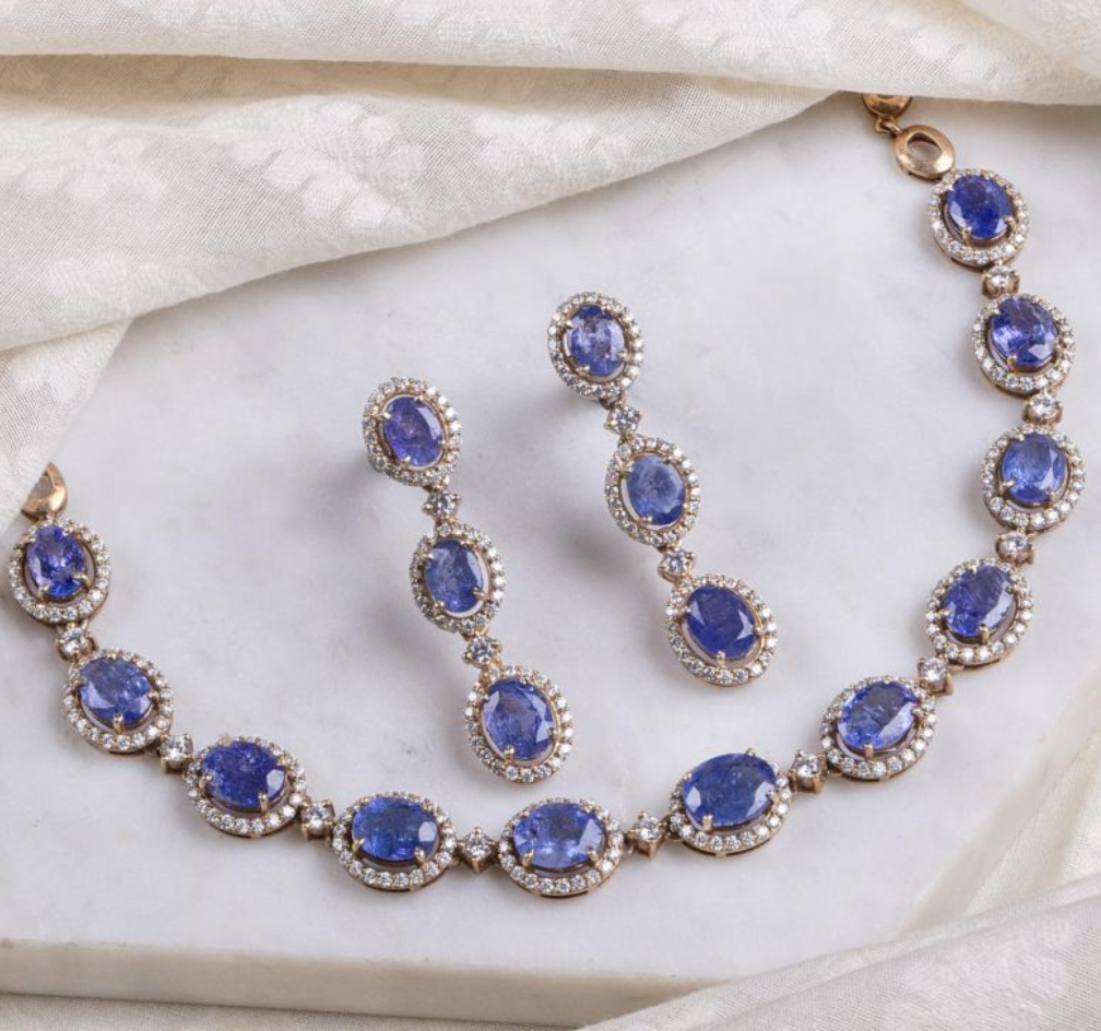 925 Silver Kimchi Tanzanite Polki Necklace Set