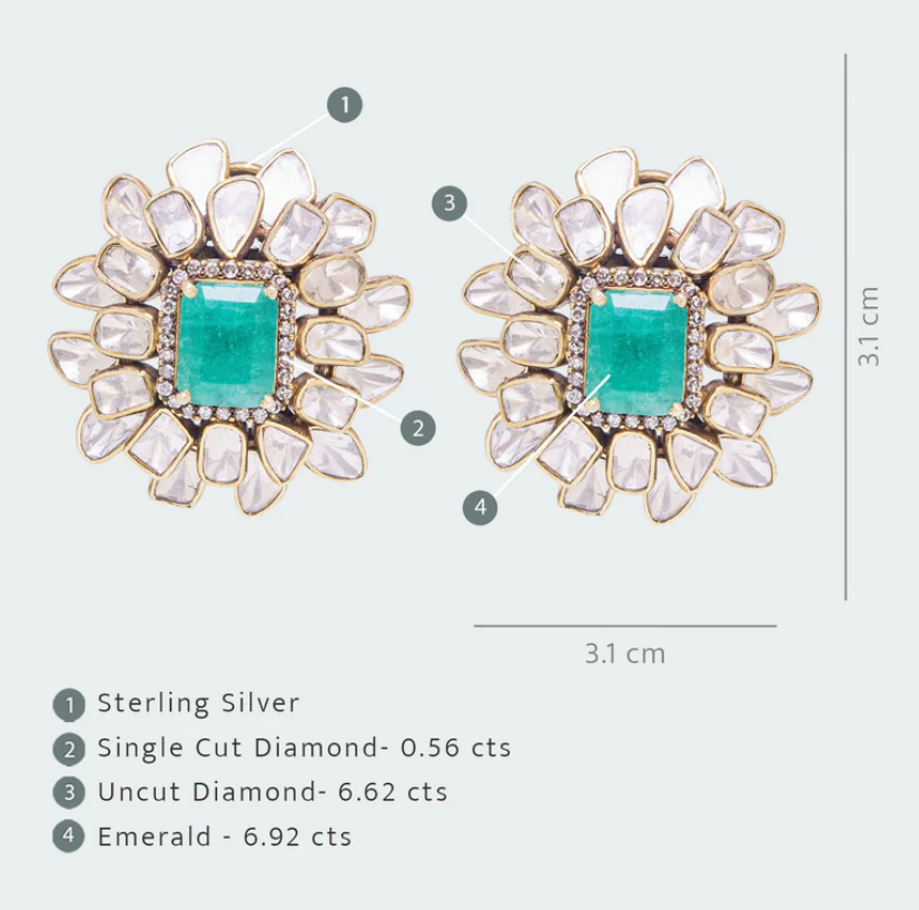 925 Silver Emerald and Uncut Diamond Stud Earring